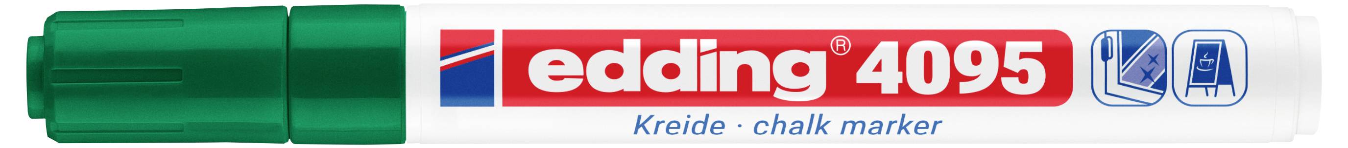 Marqueur à craie Green Edding 4095 avec fût blanc, logo rouge et bout de capuchon bleu ; étiqueté pour utilisation à la craie.