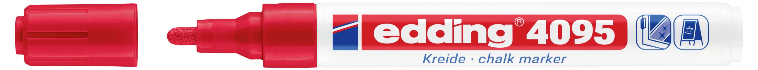 Marqueur à craie Edding 4095 avec capuchon retiré, montrant la pointe bullet et le fût blanc de marque.