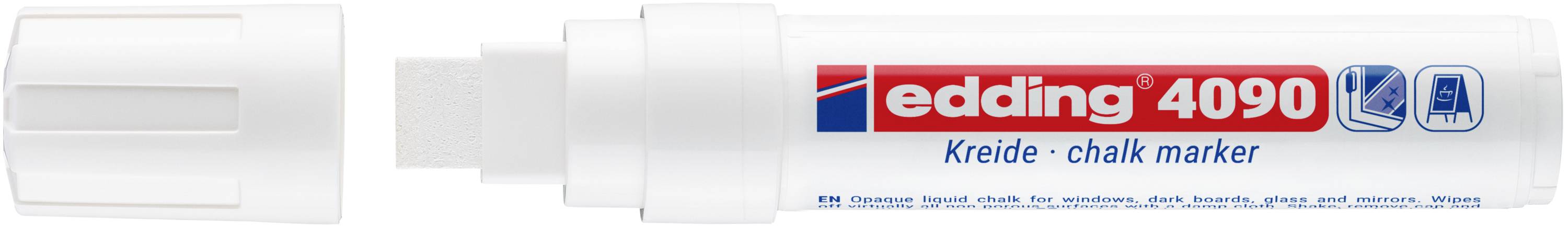 Marqueur craie Edding 4090 blanc avec pointe burin large et étiquette rouge et bleu.