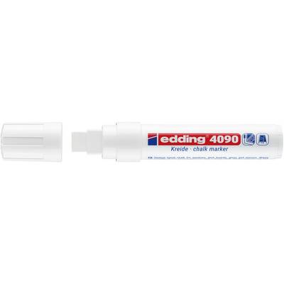 Marqueur craie Edding 4090 blanc avec pointe burin large et étiquette rouge et bleu.