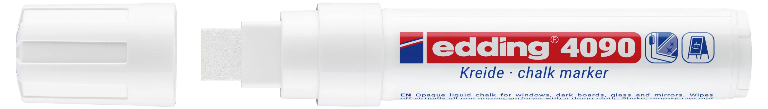 Marqueur de craie Edding 4090 blanc avec pointe large en biseau et étiquette rouge-bleu.