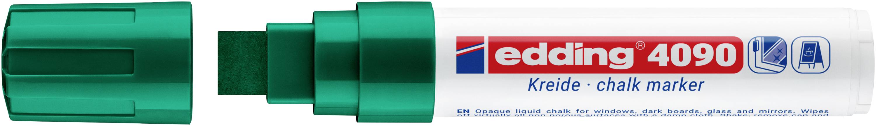 Marqueur de craie Edding 4090 vert et blanc avec une pointe biseautée, étiqueté en rouge et bleu, présenté à côté de son bouchon.