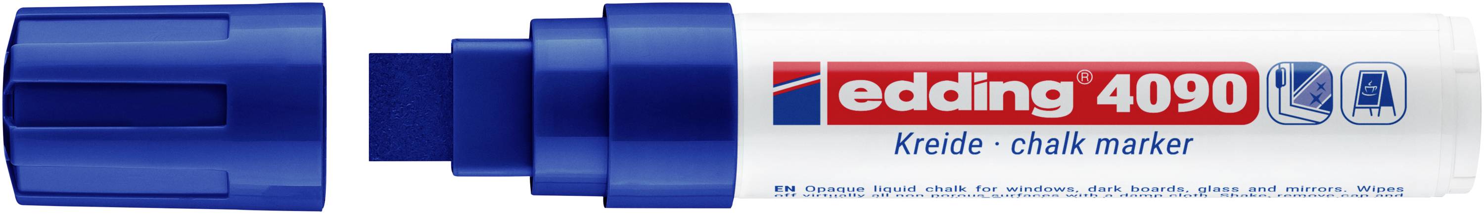 Marqueur à craie Edding 4090 bleu avec capuchon, étiqueté « Kreide - marqueur à craie » sur un tube blanc.