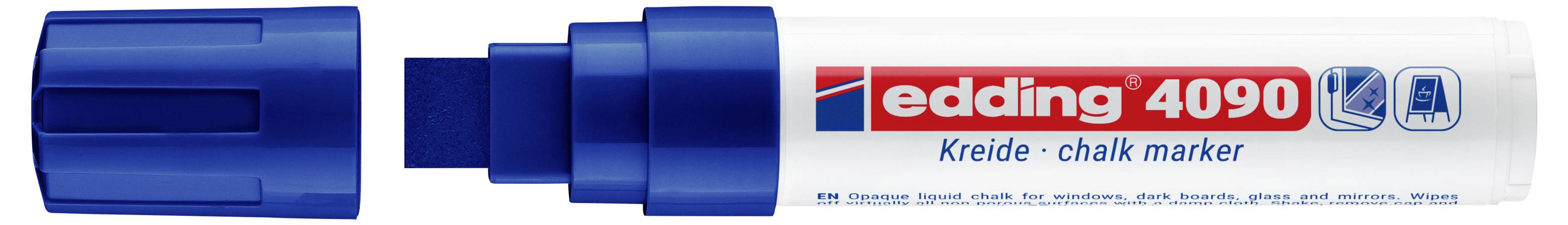Marqueur craie Edding 4090 à capuchon bleu avec corps blanc étiqueté « edding 4090 » et « Kreide - marqueur craie » en rouge et bleu.