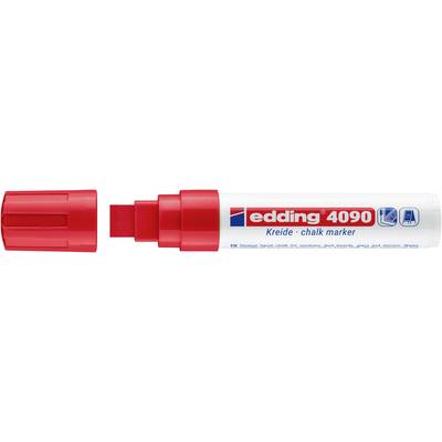 Marqueur à la craie Edding 4090 avec un large capuchon rouge et une étiquette blanche sur le corps marquée « edding 4090 Kreide marqueur à la craie ».