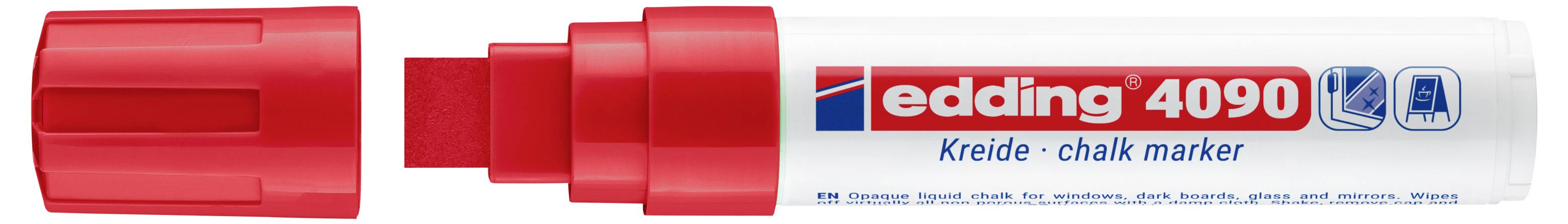Marqueur de craie Edding 4090 rouge avec capuchon retiré, montrant la pointe de ciseau rouge et l'étiquette blanche du corps du marqueur.