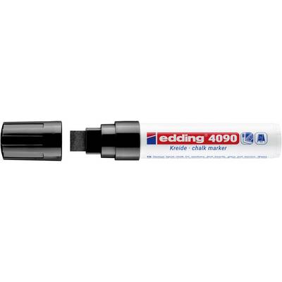 Marqueur à craie Edding 4090 blanc avec capuchon et corps noir, étiqueté pour une utilisation sur le verre, les tableaux et autres surfaces lisses.