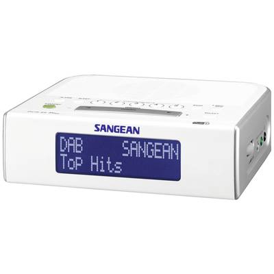 Radio numérique DAB blanc avec affichage bleu. L'écran affiche 'DAB SANGEAN Top Hits'. En haut : boutons de commande.