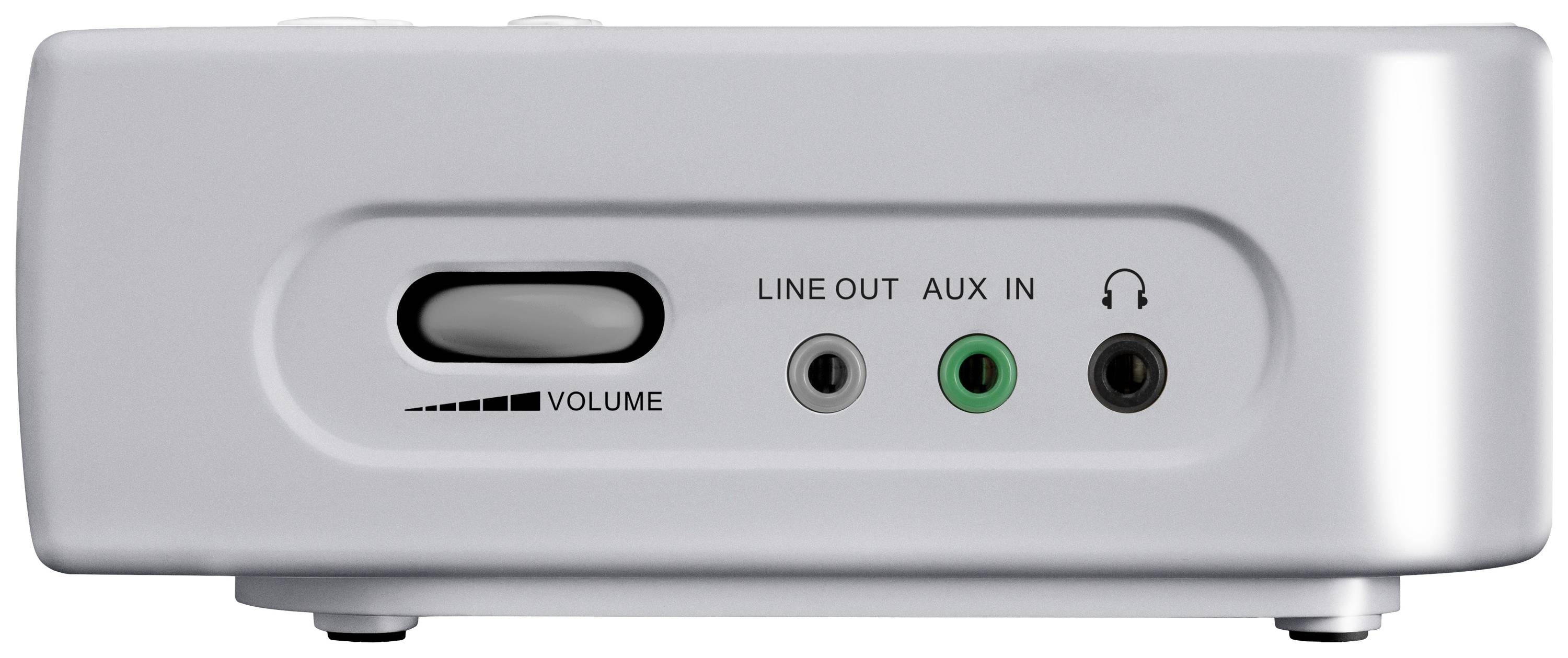 Amplificateur audio gris avec bouton de réglage du volume. Connexions : 'LINE OUT', 'AUX IN', prise casque.