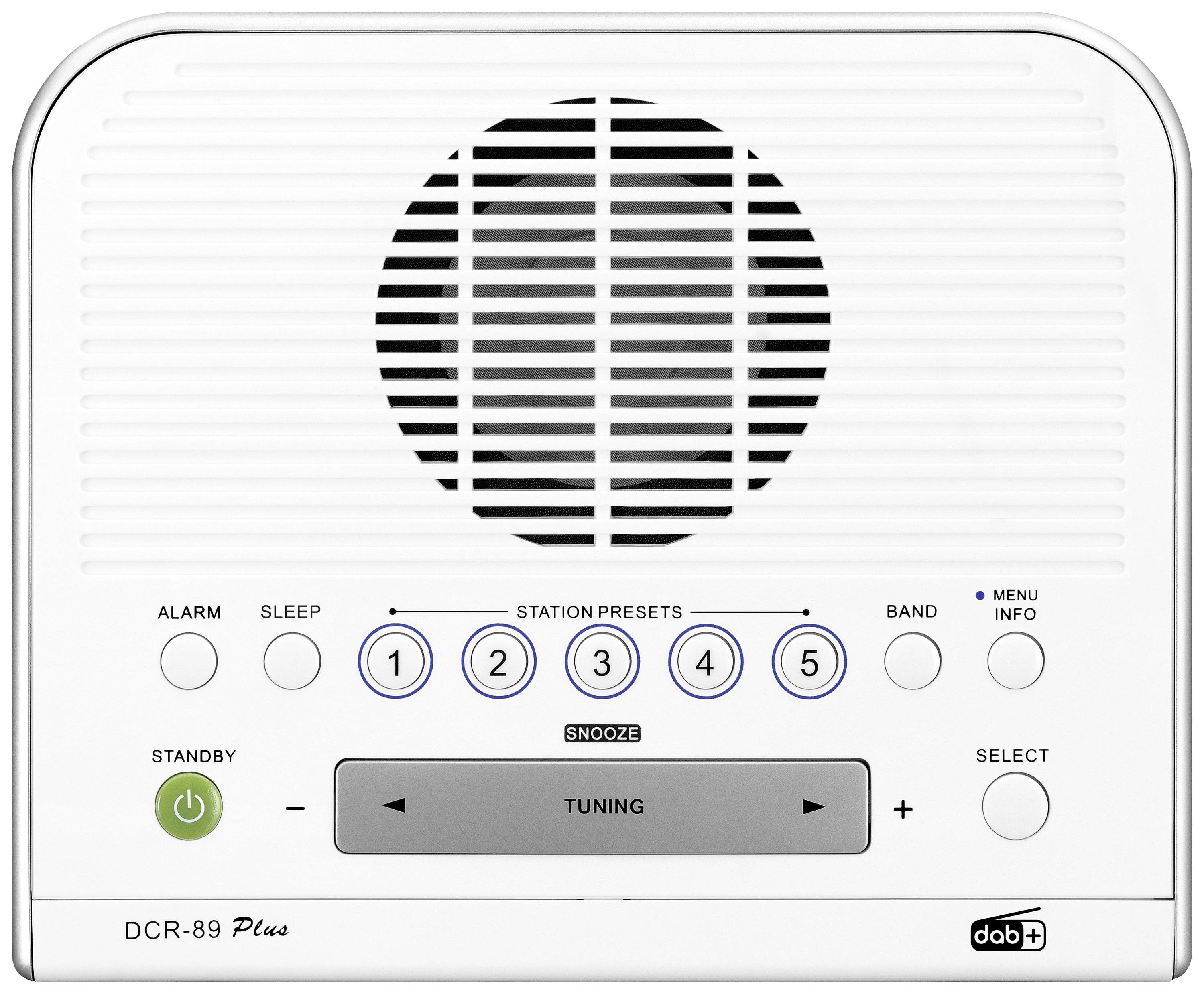 Un radio DAB+ blanc avec des haut-parleurs en haut et des touches pour alarme, sommeil, sélection de station, réglage et bande en bas de l'appareil.