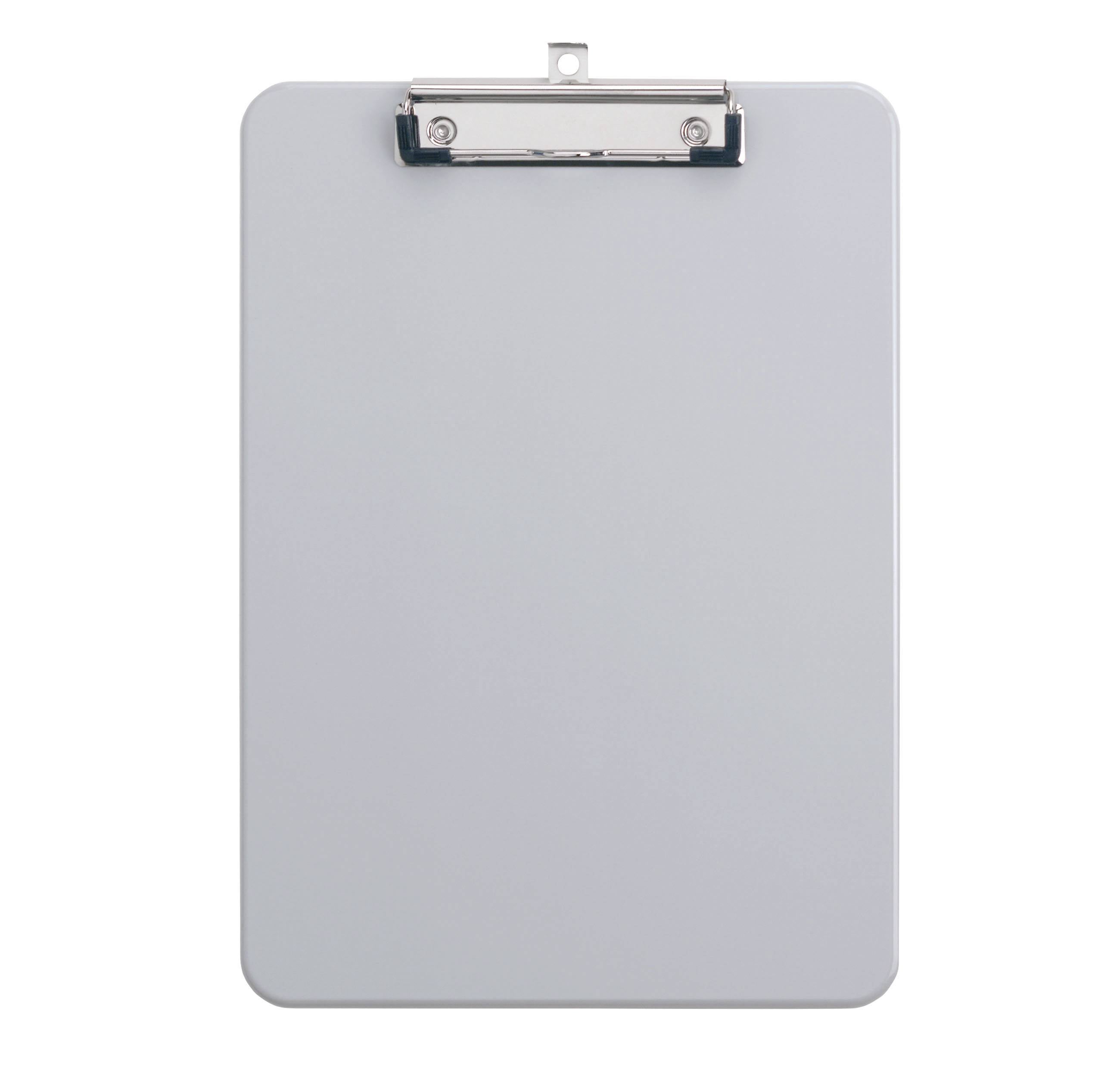 Un presse-papiers gris vierge avec une pince métallique, vu de face sur fond blanc.