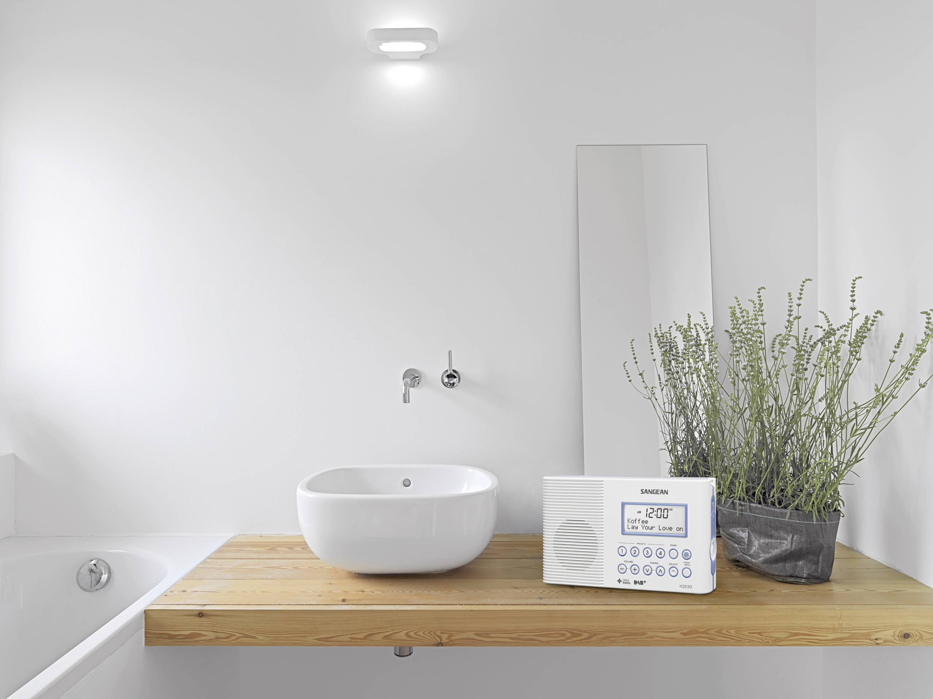 Une salle de bain minimaliste avec un lavabo blanc sur une table en bois, à côté duquel se trouvent un petit poste de radio et une plante.