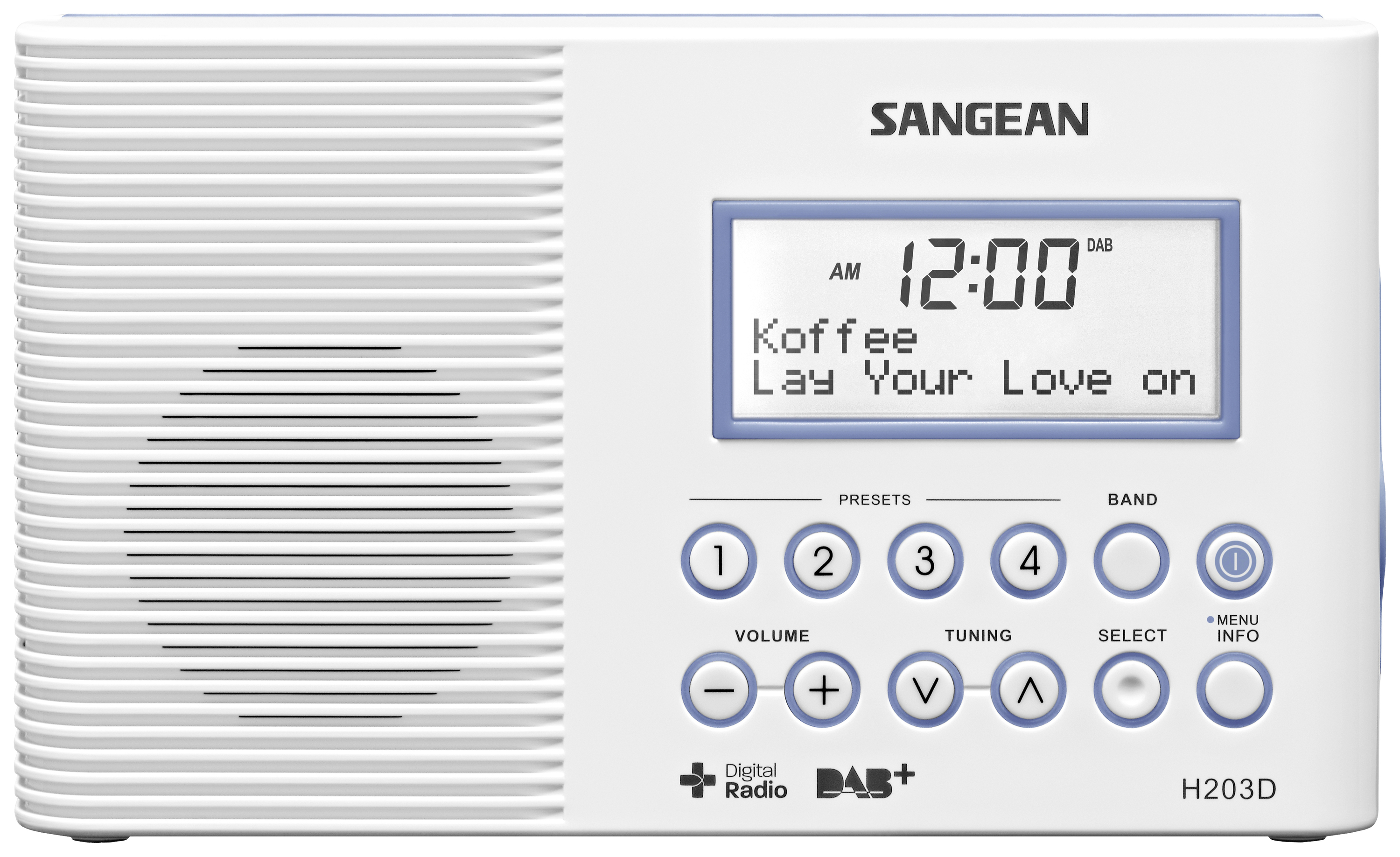 Un poste de radio DAB+ blanc affiche sur l'écran '12:00', 'Koffee', et 'Lay Your Love on'. Il dispose de différents éléments de commande et touches.