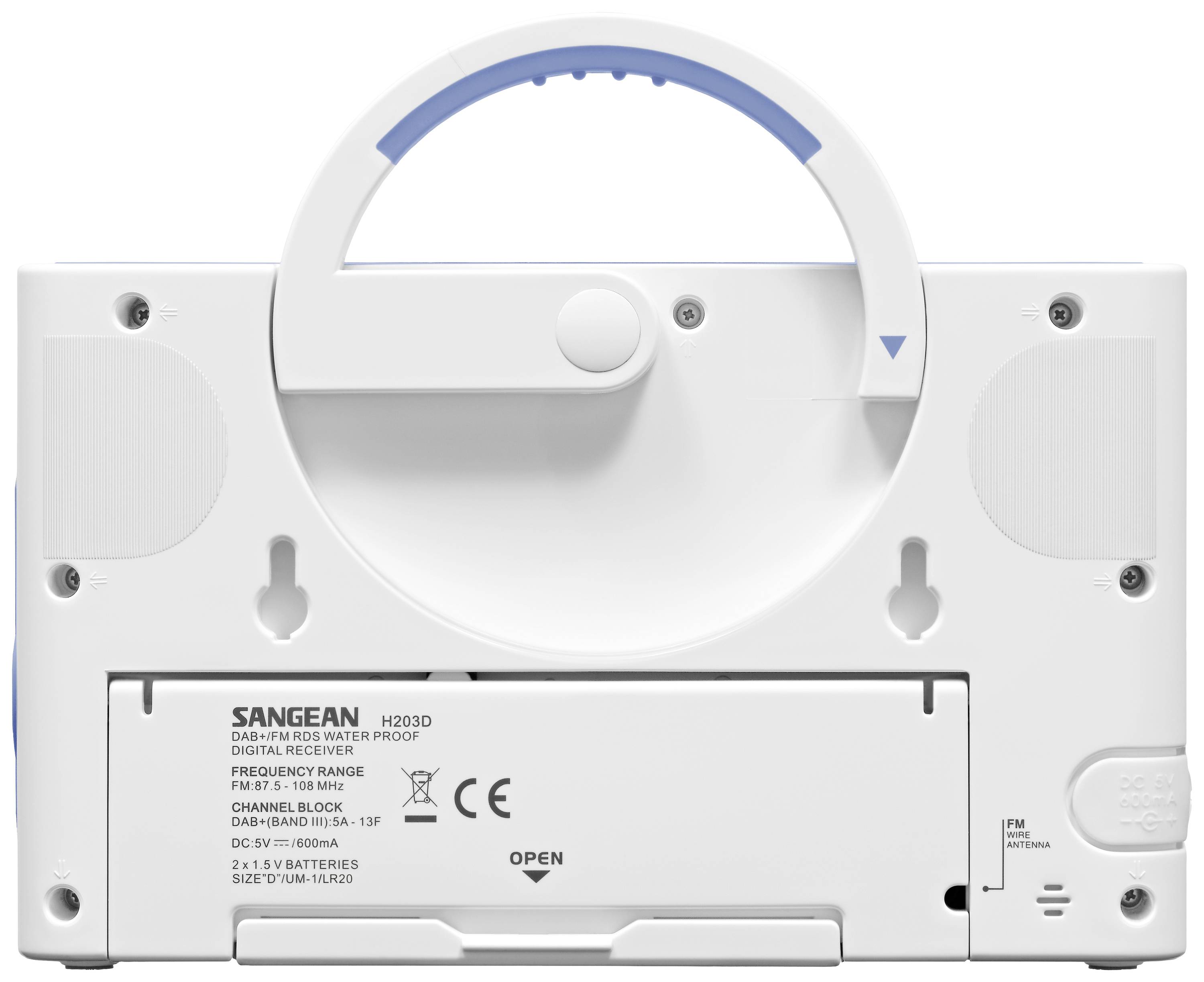 Vue arrière d'un poste de radio portable blanc avec un compartiment de batterie. Une poignée bleue est visible. Les informations du fabricant sont imprimées en bas.