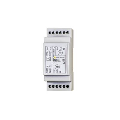 Un dispositif électrique blanc avec plusieurs bornes de connexion et des étiquettes indiquant différentes tensions et fonctions.