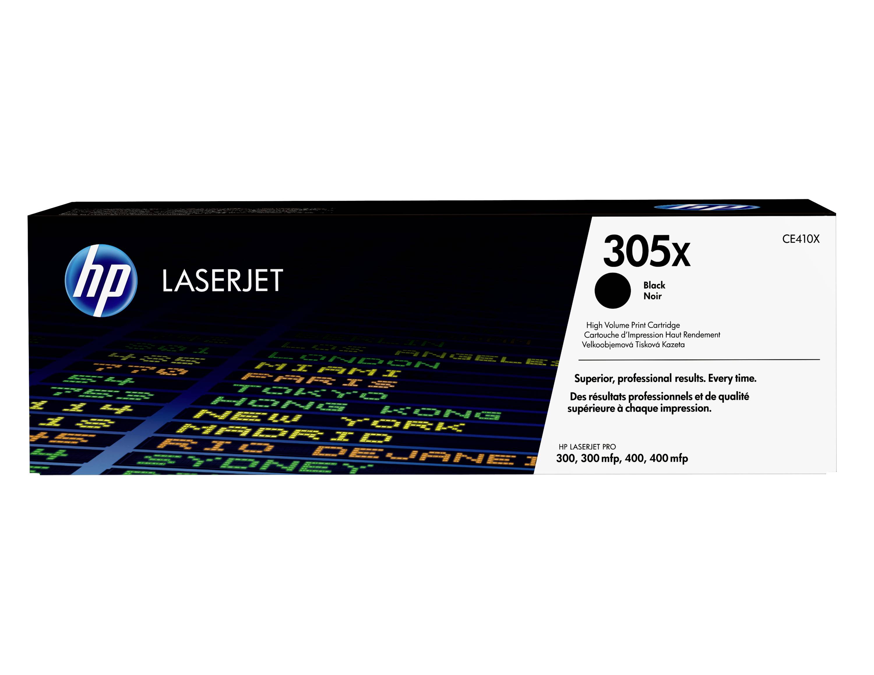 Cartouche de toner noir HP LaserJet 305x, boîte étiqueté « Black Noir » et « Des résultats super professionnels. À chaque fois. »