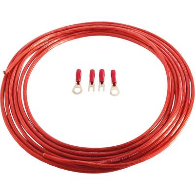 Rouleau de câble de haut-parleur rouge avec quatre cosses de câble au milieu.