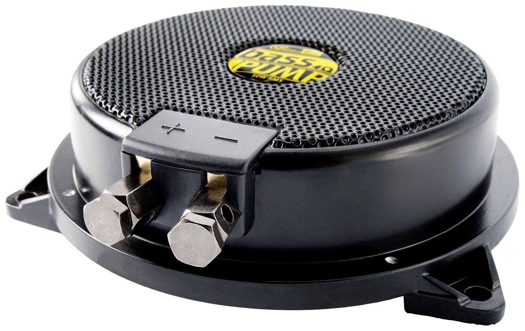 Un haut-parleur rond et plat, doté d'une grille marquée au centre et de deux connexions métalliques à l'avant.