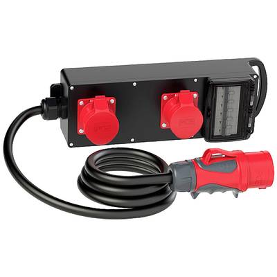 Boîte de distribution électrique noire avec deux prises rouges et un câble y étant connecté ; adaptée pour courant industriel.