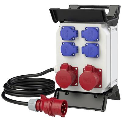 Un distributeur de courant portable avec quatre prises bleues et deux prises rouges, relié par un câble noir à une fiche rouge.