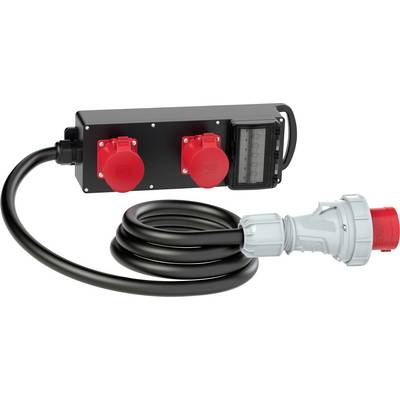 Un dispositif de distribution électrique noir avec une fiche rouge et deux prises, reliées par un câble spiralé.