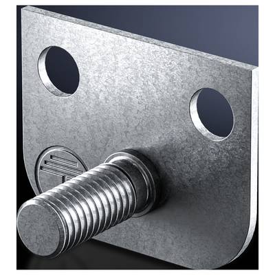 Équerre métallique avec boulon fileté et deux trous, utilisée pour des fixations ou des connexions dans des applications techniques.
