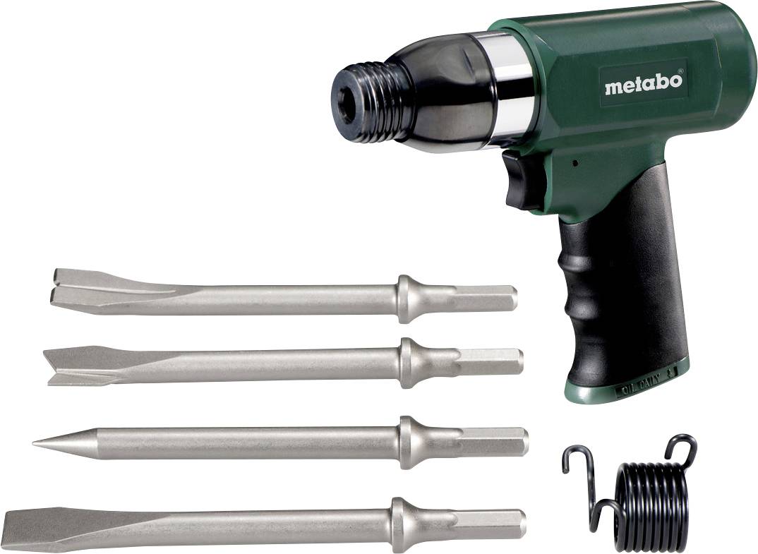 Marteau burin pneumatique Metabo avec quatre burins interchangeables et un accessoire de ressort hélicoïdal sur fond blanc.