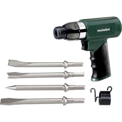 Marteau burin pneumatique Metabo avec quatre burins interchangeables et un accessoire de ressort hélicoïdal sur fond blanc.