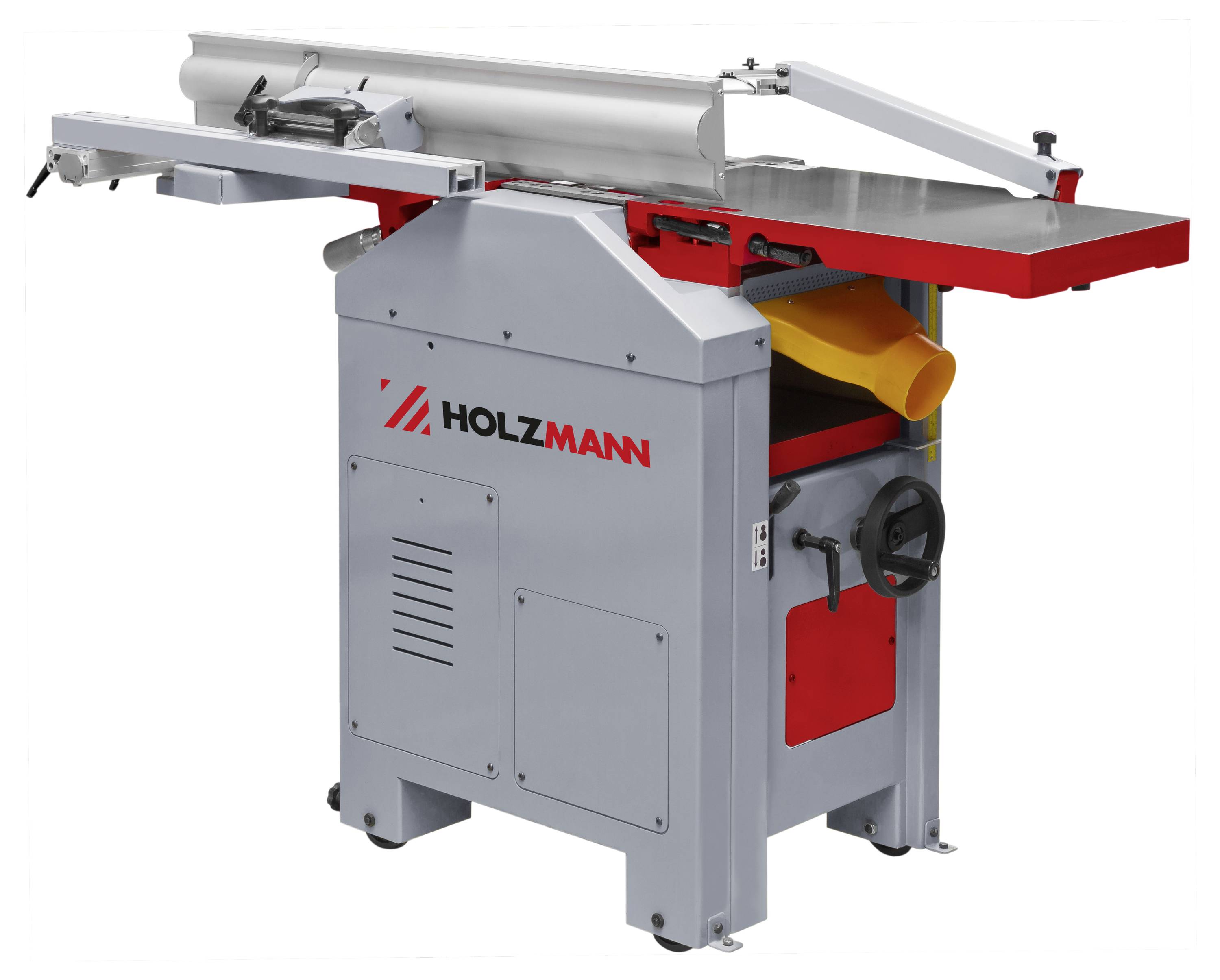 Machine de travail du bois avec un boîtier gris et rouge, des éléments de commande symétriques et une lame de scie sur la surface supérieure.
