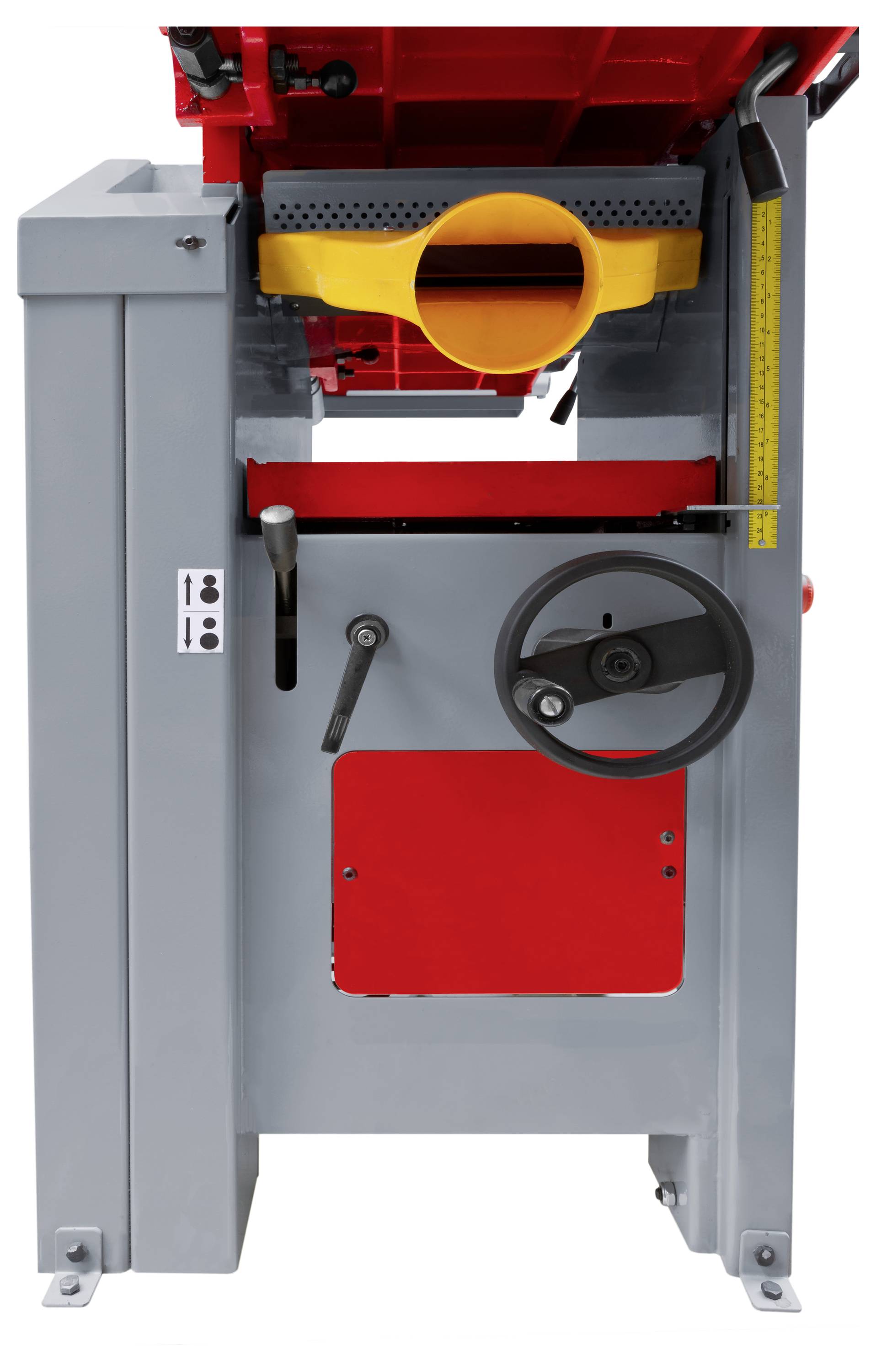 Une machine-outil en bois grise, rouge et jaune avec une poignée de rotation et une échelle de mesure sur le côté.