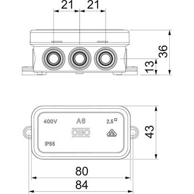 Boîte de distribution électrique aux dimensions : largeur 84 mm, hauteur 36 mm. Marquage : « 400V, IP55, A6 ». Trois passages de câbles visibles.