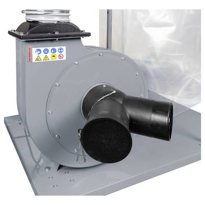 Unité de soufflerie/ventilateur industriel gris avec deux tuyaux de sortie noirs montés sur une base métallique, présentée dans une photo de produit.