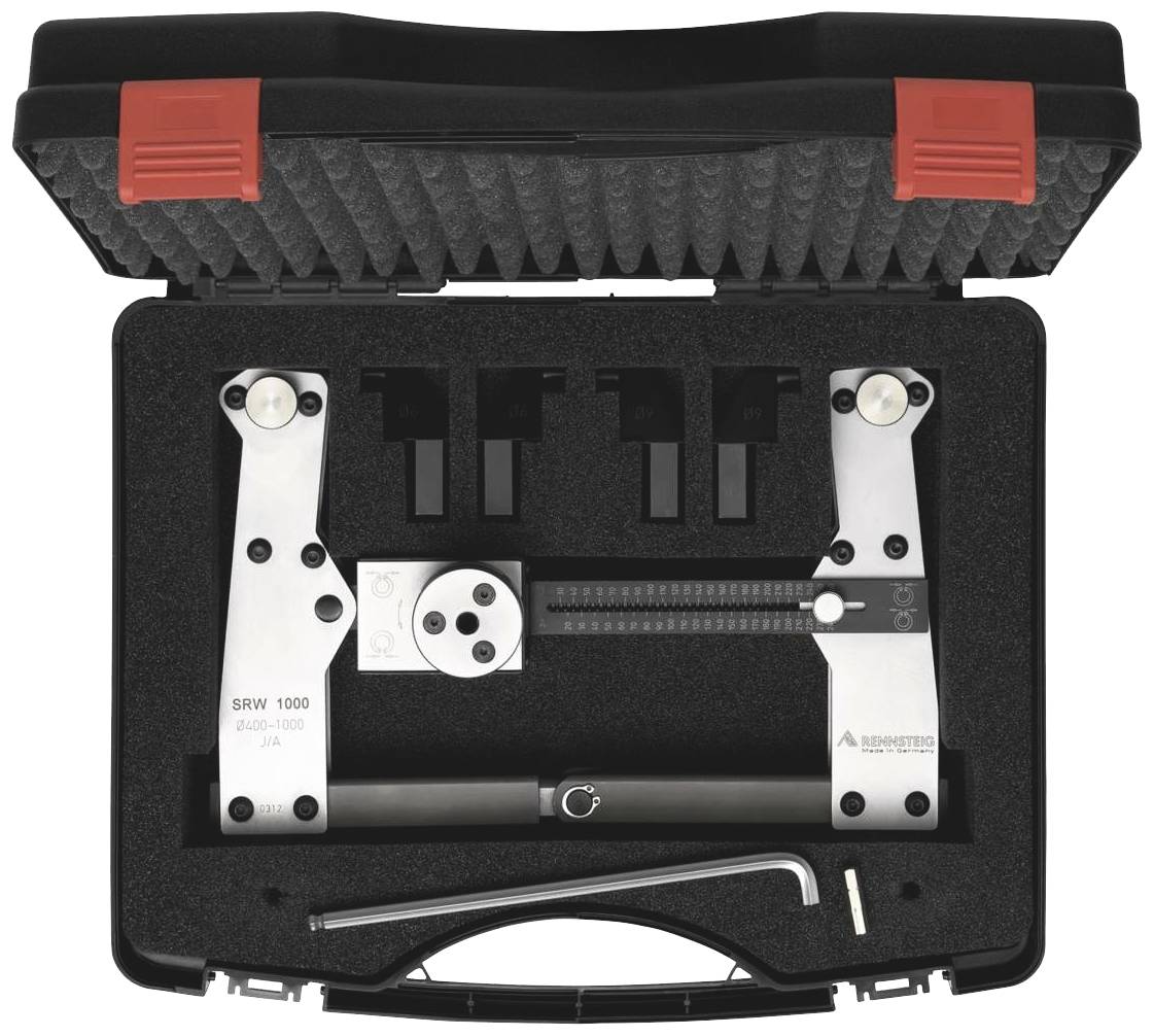 Une boîte à outils contenant des instruments de mesure en métal, incluant un outil de calibrage avec différentes embouts et une clé Allen.