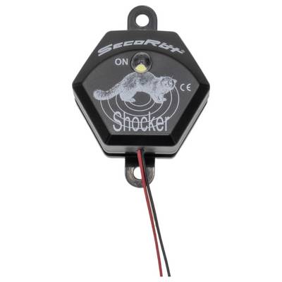 Appareil hexagonal étiqueté « SecoRüt Shocker » avec une illustration de chat, voyant lumineux, fils rouge et noir en dessous, marquage CE sur la droite.