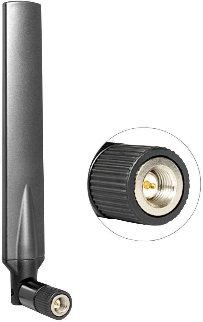 Antenne WiFi noire avec connexion à vis amovible, vue latérale avec gros plan sur le raccordement.