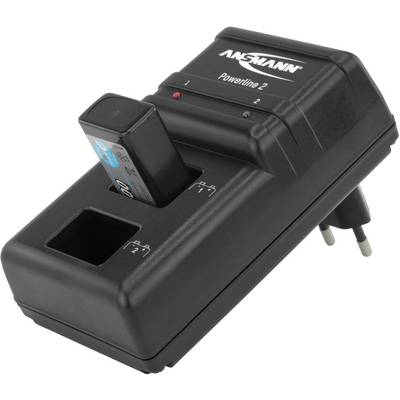 Chargeur avec batterie insérée. Deux emplacements et voyants LED pour l'état de charge. Modèle Ansmann Powerline 2, fiche européenne.