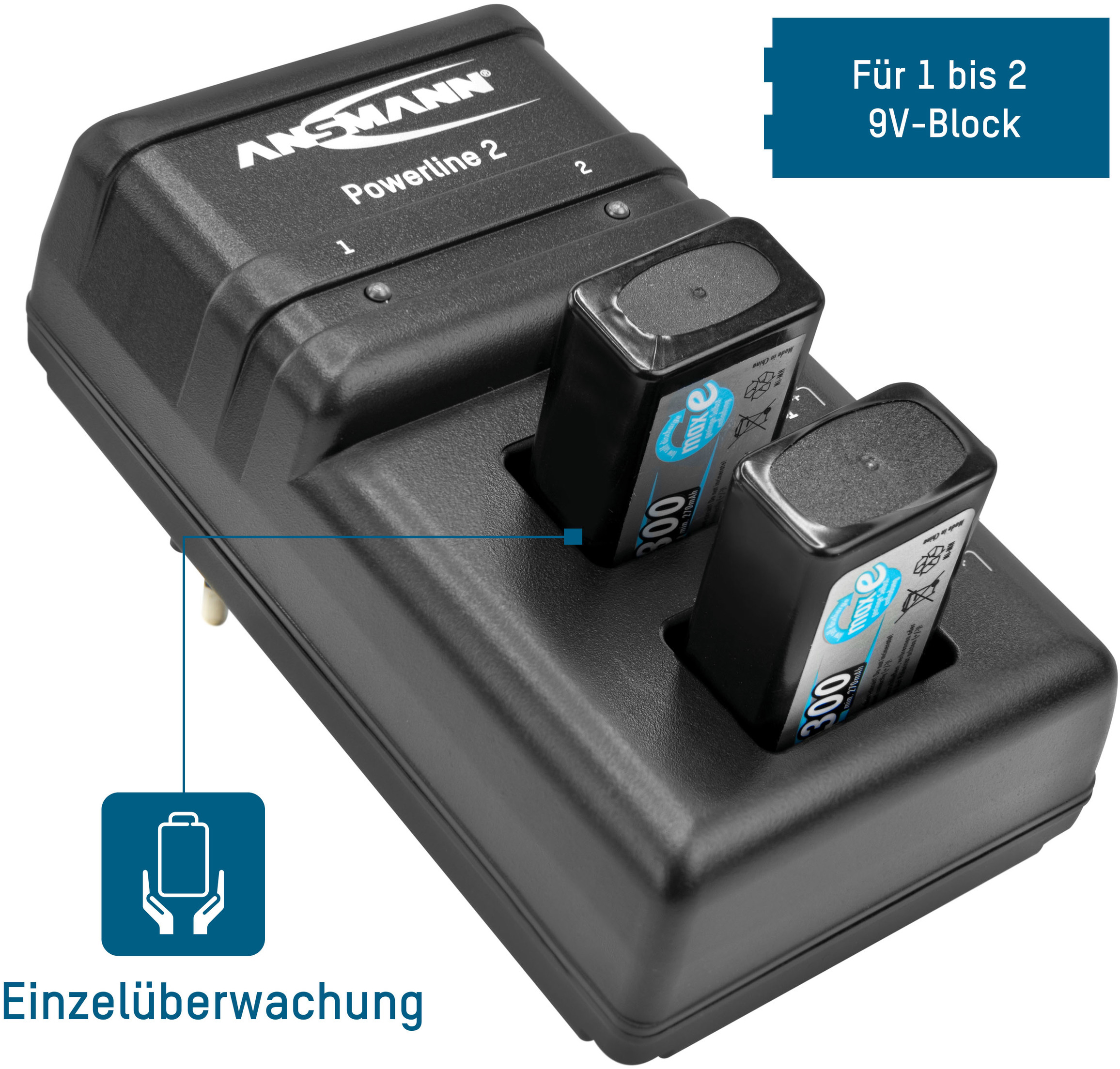 Chargeur pour un ou deux blocs de 9V, avec surveillance individuelle. Deux batteries 9V insérées sont chargées.