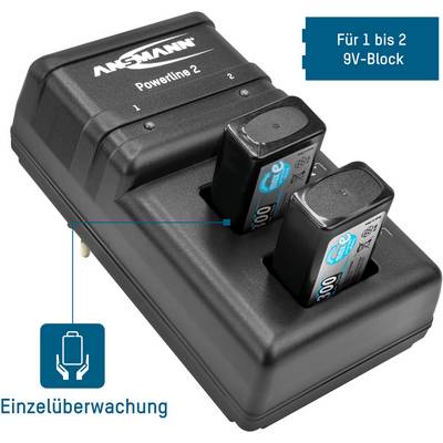 Chargeur pour un ou deux blocs de 9V, avec surveillance individuelle. Deux batteries 9V insérées sont chargées.