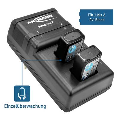 Chargeur avec deux piles 9V. L'étiquette indique 'Surveillance individuelle' et la mention : Pour 1 à 2 blocs de 9V.