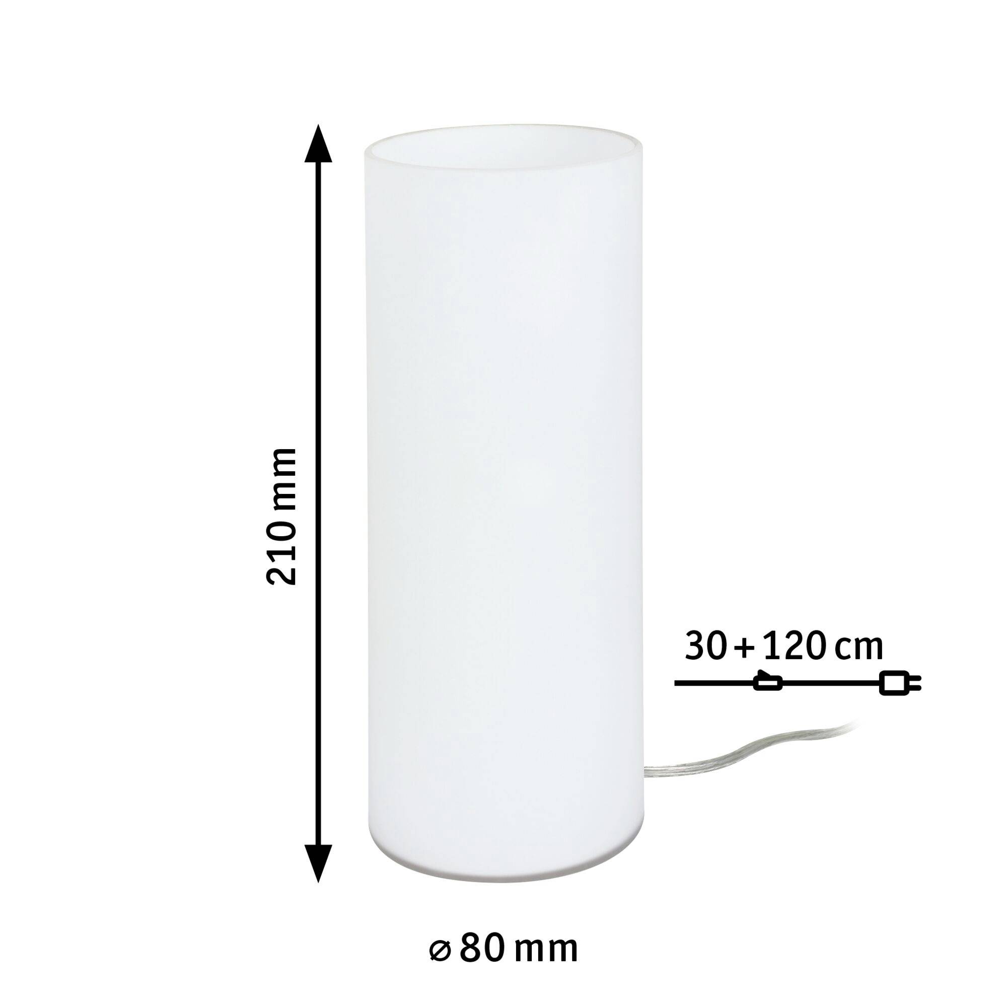 Une lampe de table cylindrique, hauteur 210 mm, diamètre 80 mm, avec un câble de 150 cm de long.