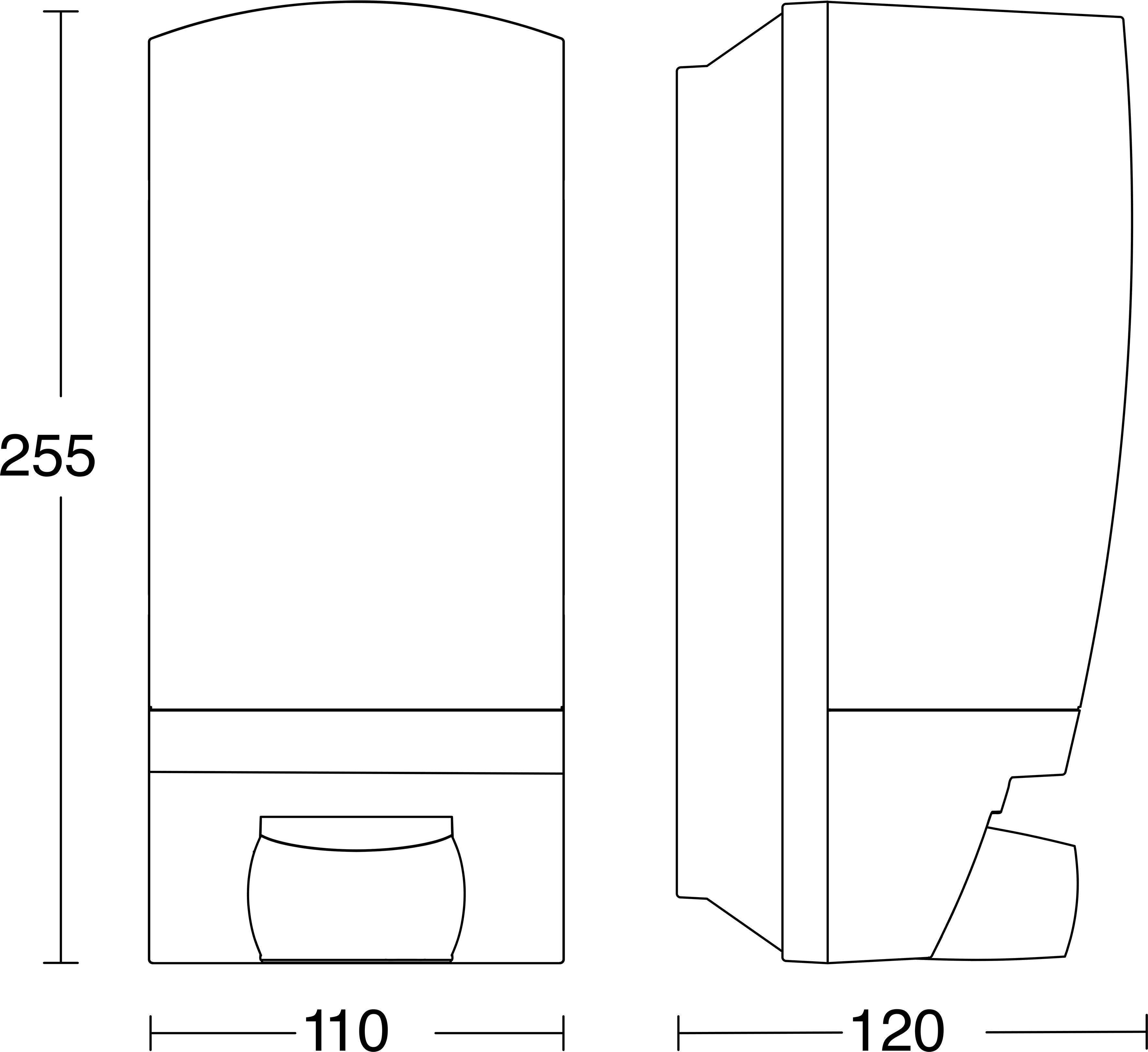 Dessin technique d'une bouteille ou d'un récipient, montré en vues de face et de côté avec les dimensions 255 de hauteur, 110 de largeur et 120 de profondeur.