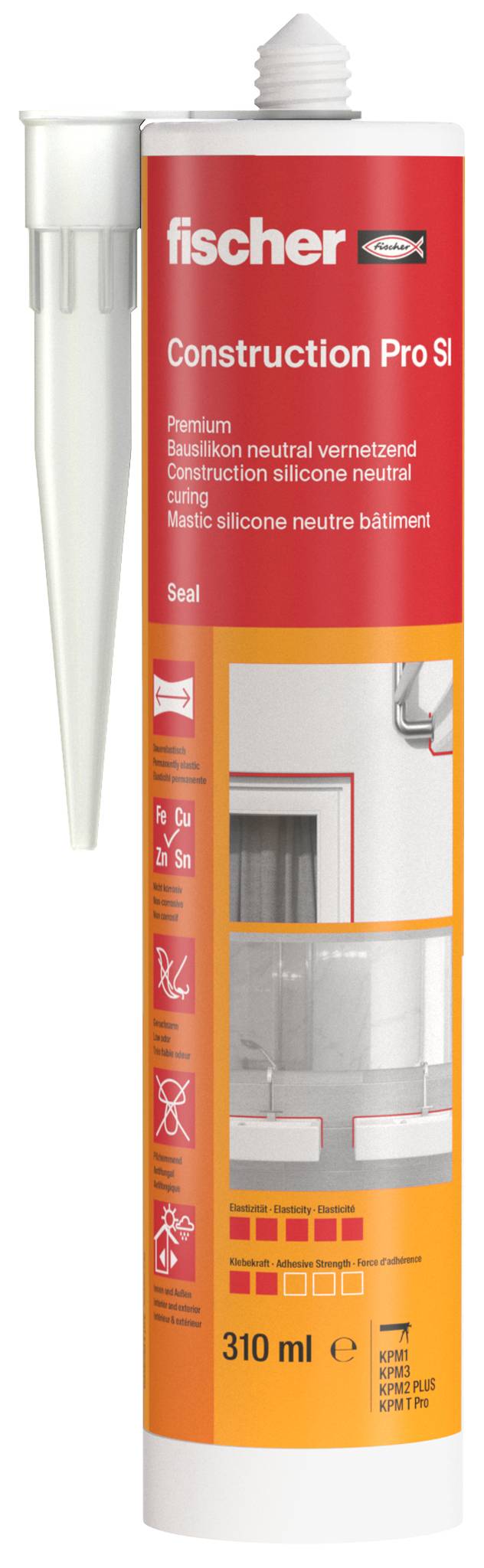 Cartouche de mastic silicone Fischer Construction Pro SI, 310 ml, emballage rouge et blanc avec fenêtre de produit et embout applicateur.