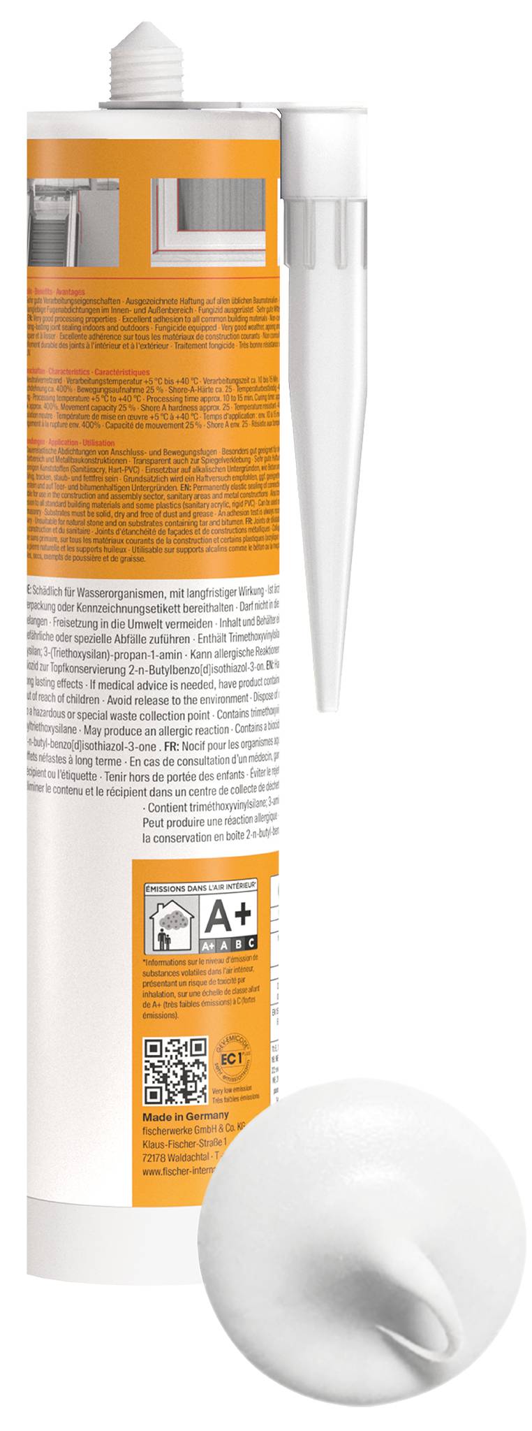 Cartouche adhésive orange et blanche avec buse et capuchon, étiquetée avec des instructions, des icônes de recyclage, une note A+ et un code QR.