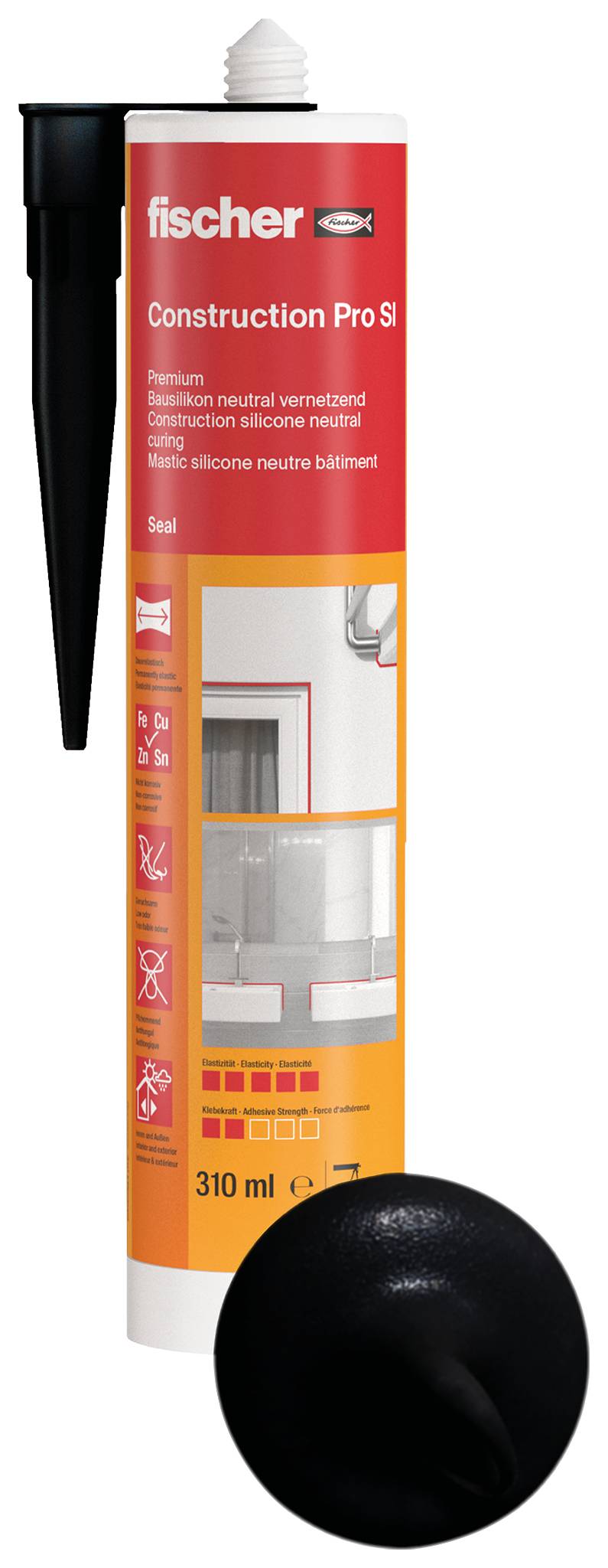 Un tube de mastic de construction « Fischer Construction Pro SI » avec un embout noir et un bouchon noir rond, étiqueté 310 ml.