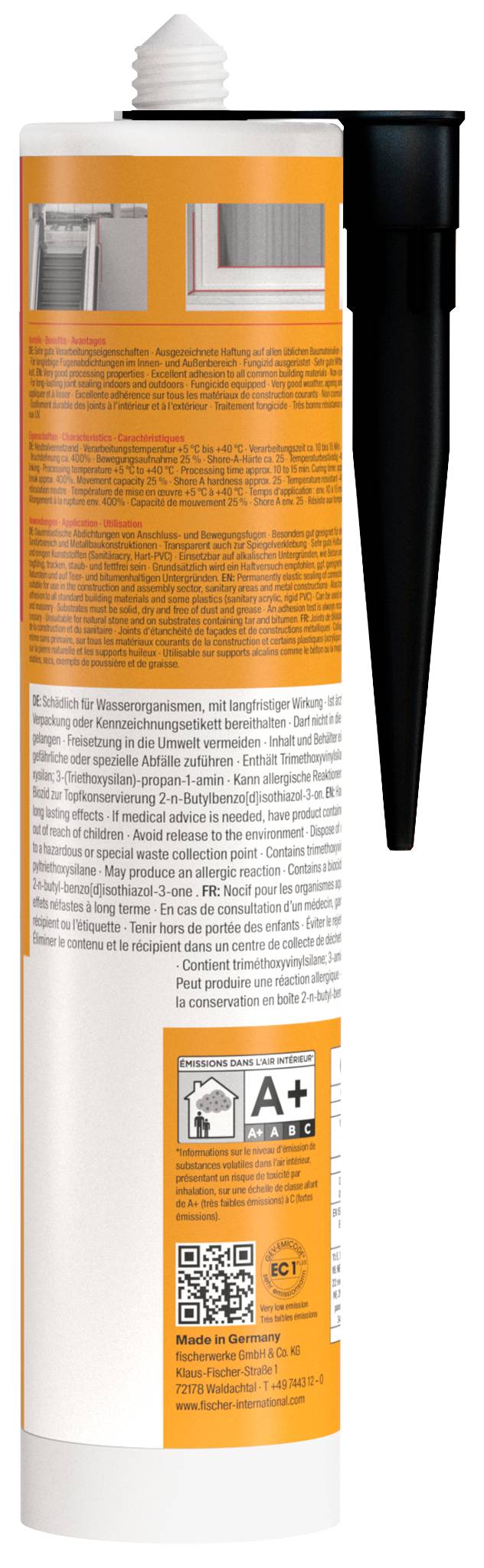 Boîte aérosol orange avec un bec pulvérisateur noir et un bouchon blanc, couverte d'informations sur le produit et d'étiquettes.