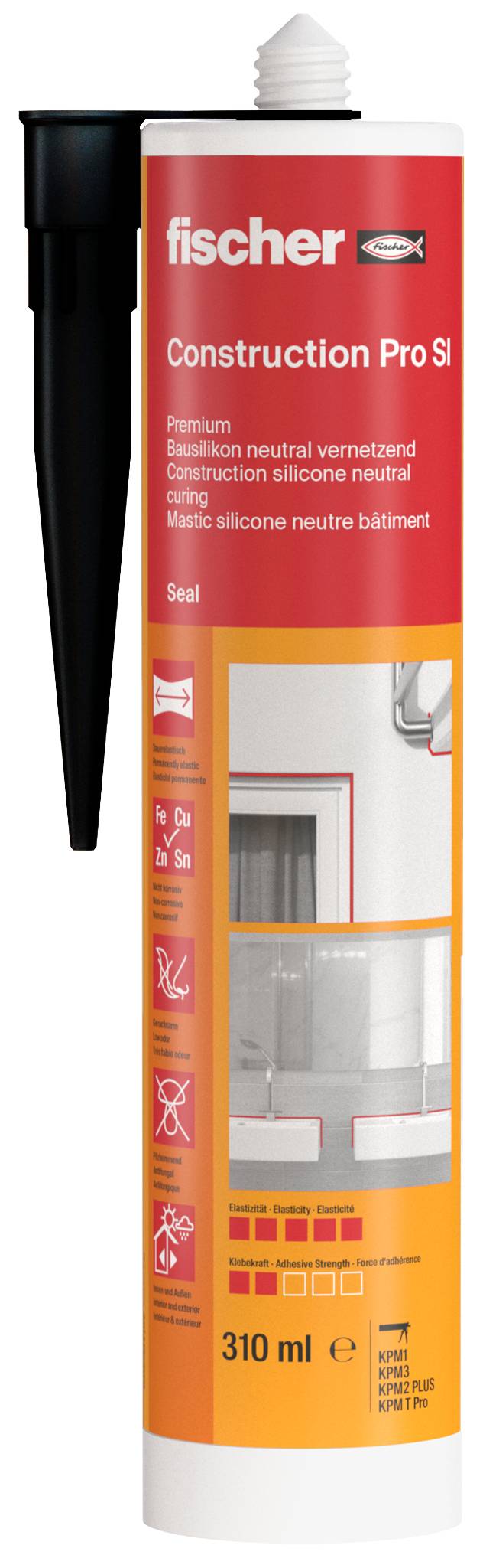 Un tube de mastic silicone Fischer Construction Pro avec un embout noir et une étiquette rouge et blanche, présenté comme un scellant de 310 ml destiné à l'usage en construction.