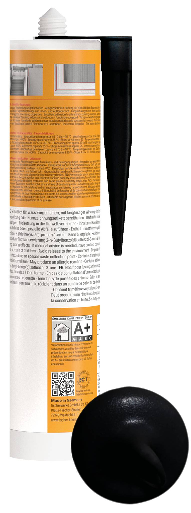 Tube de scellant adhésif avec étiquette orange et blanche, buse effilée noire, et un bouchon noir montré à côté.
