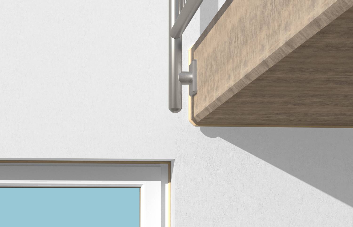 Gros plan d'une équerre de support de rayonnage métallique fixée au mur soutenant une étagère en bois au-dessus d'une fenêtre.