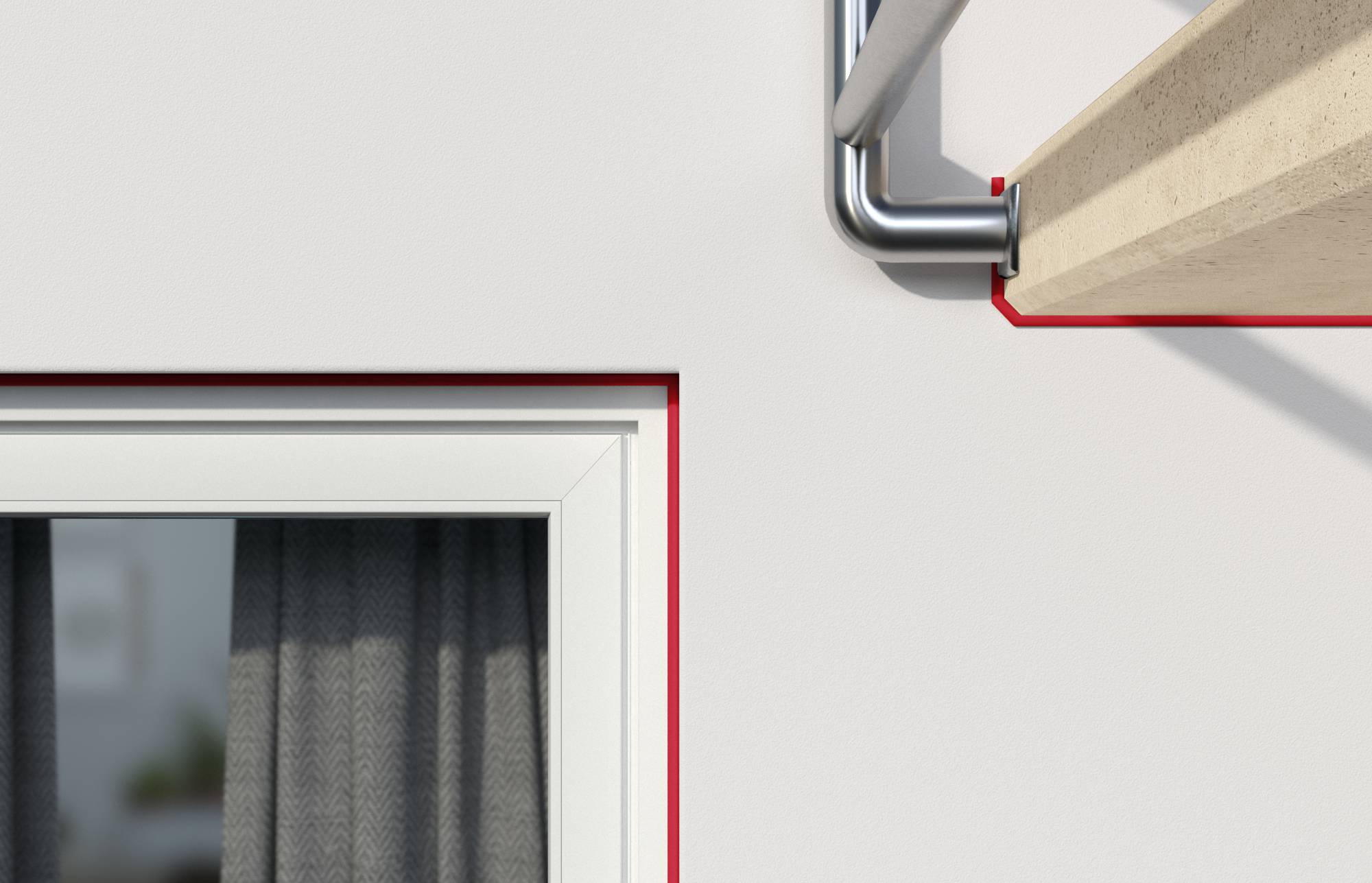 Gros plan du coin d'un mur de bâtiment montrant le cadre de fenêtre et la gouttière de toit avec des détails d'étanchéité ou de solin rouges.