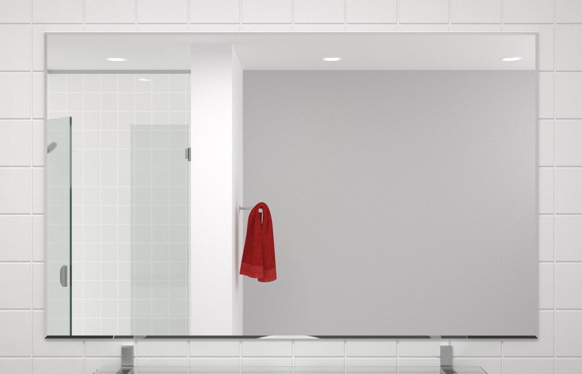 Miroir de salle de bain au-dessus du lavabo avec une serviette rouge accrochée au mur à côté.